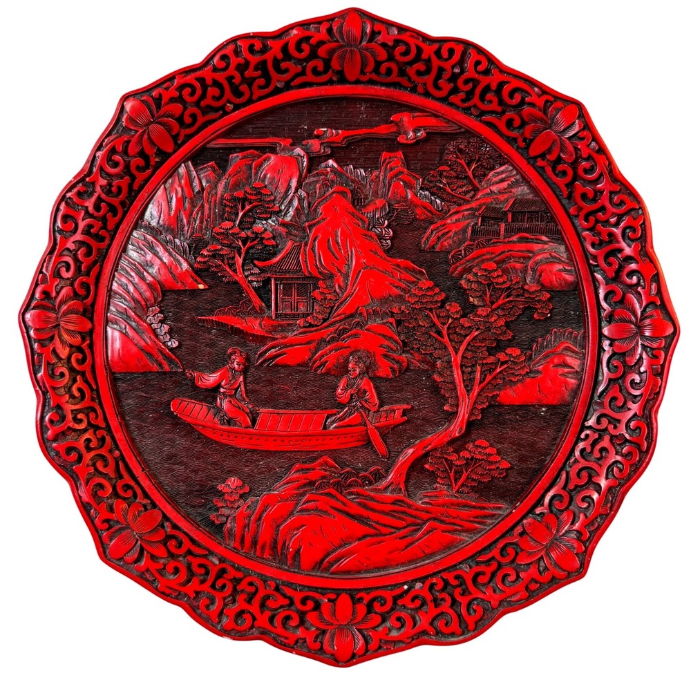 Cinnabar Style Plate Red Landscape Chinoiserie Vintage Decor 9.5 In